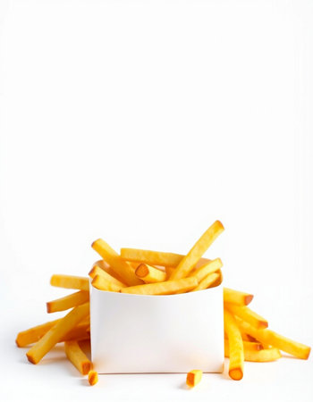 Golden French fries potatoes on a white background with a blank white cardの写真素材