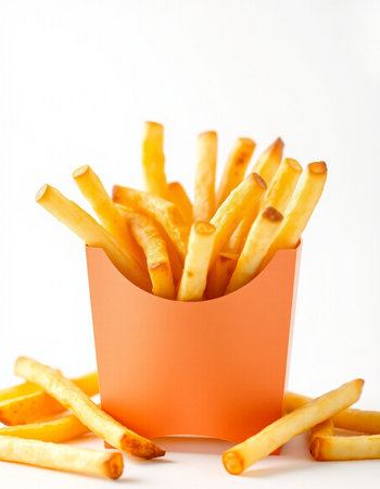 French fries in a paper box on a white background. Selective focus.