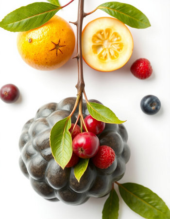 Fruit composition on a white background, close-up, vertical