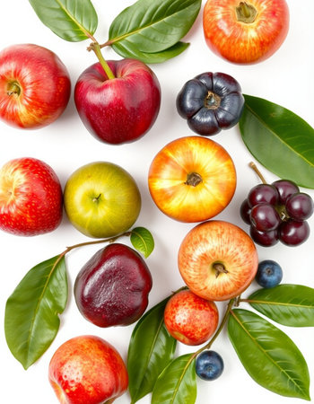 Fruits with leaves on white background. Flat lay, top view