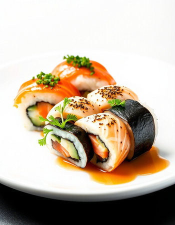 Japanese Sushi Roll with Salmon, Cream Cheese and Raw Salmon insideの写真素材