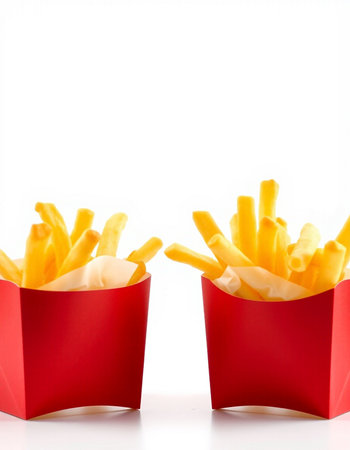 French fries on white background, french fries in red paper box.