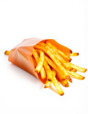 French fries in a paper bag on a white background. Isolated