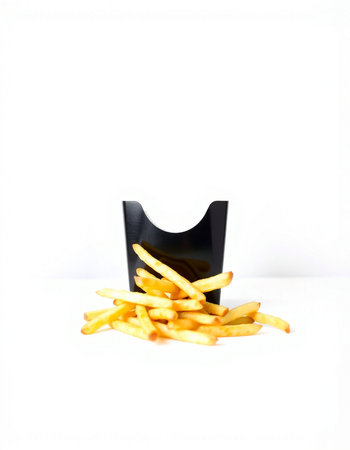 Golden French fries in black plastic box isolated on white background, clipping path includedの写真素材