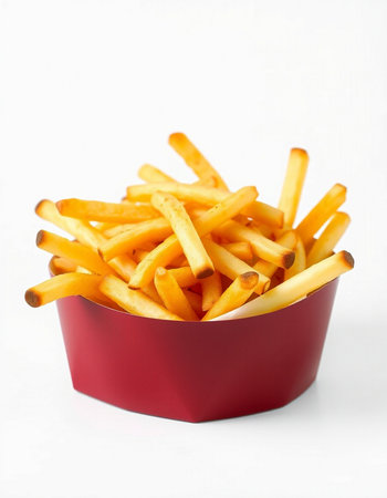 French fries in a red box isolated on white background. Selective focus.
