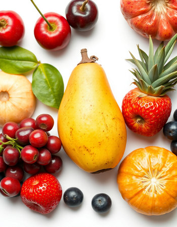 Fruits and vegetables on a white background. Healthy food concept.