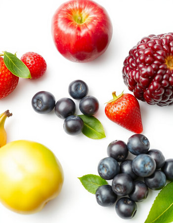Fruits and berries isolated on a white background. Top view.