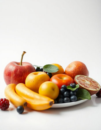 Fruits on a plate isolated on a white background. Healthy food.の写真素材
