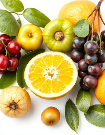 Fruits and vegetables isolated on white background. Healthy food concept.の写真素材