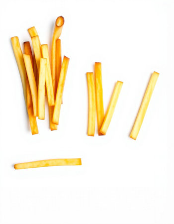 French fries isolated on white background. Top view, flat lay.