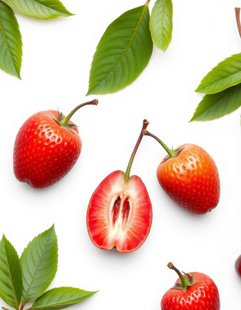 Ripe red strawberries with green leaves on white background, top viewの写真素材