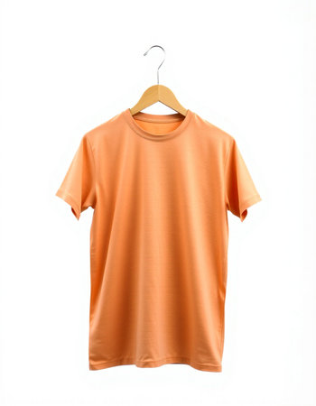 Orange t-shirt on a hanger isolated on a white backgroundの写真素材