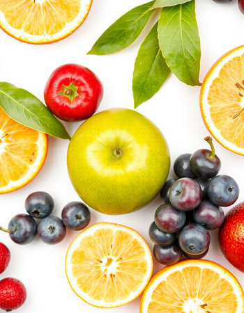 Fruits and berries isolated on white background. Top view. Flat lay patternの写真素材
