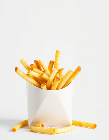 French fries in a white paper cup on a white background with copy space