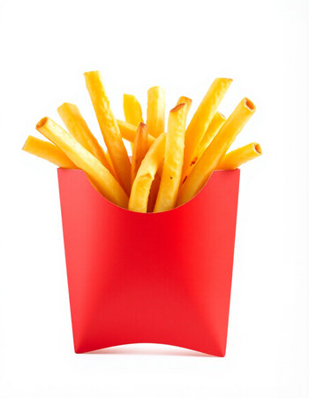 French fries in a red box isolated on white background. Fast food.