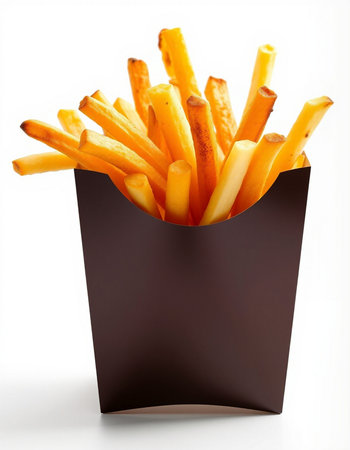 French fries in paper box isolated on white background, clipping path included