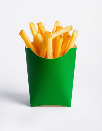 Golden French fries in a green paper box on a white background.