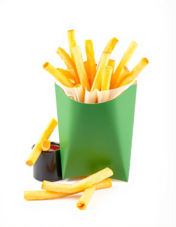 French fries in a green box on a white background. Fast food.