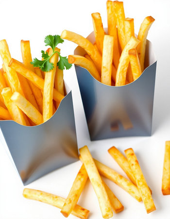 Golden French fries in a paper box with parsley on white background