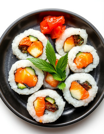 Sushi roll with salmon, cream cheese, cucumber and red caviar isolated on white backgroundの写真素材