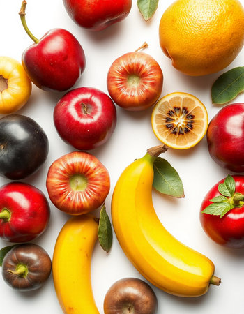 Fruits and vegetables on a white background. Flat lay, top viewの写真素材