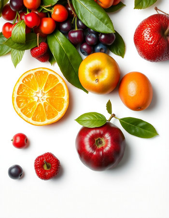 Fruits and berries on a white background. Flat lay, top view