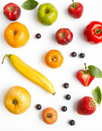 Fresh fruits and vegetables on white background, top view. Flat layの写真素材