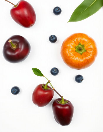 Fruits and berries on a white background. View from above.の写真素材