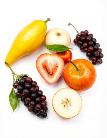 Fruits and berries isolated on a white background. Healthy food.
