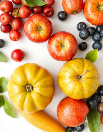 Assortment of fruits and vegetables isolated on white background, top viewの写真素材