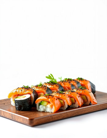 Sushi rolls on a wooden plate. Isolated on white background.の写真素材