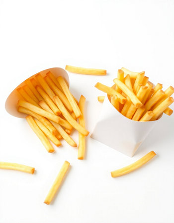 Golden French fries in a paper box on a white background, isolated