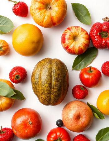 Fruits and vegetables on a white background. Flat lay, top viewの写真素材