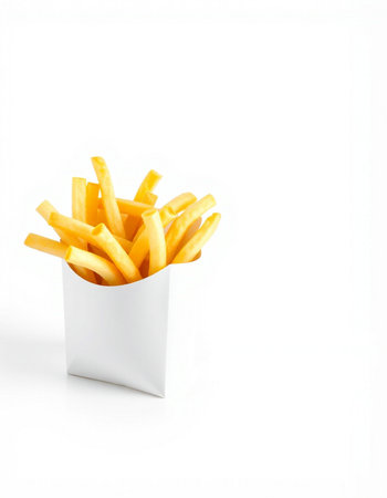 French fries in paper box isolated on white background. Selective focus.