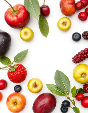 Fruits and berries isolated on white background. Top view. Flat lay pattern.