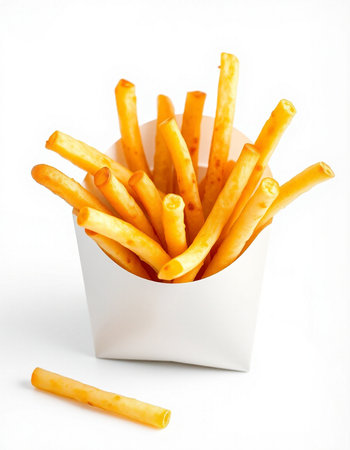 French fries in paper box isolated on white background. Selective focus.