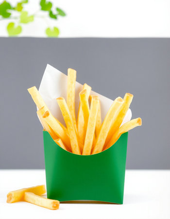French fries in a green box on a gray background. Selective focus.