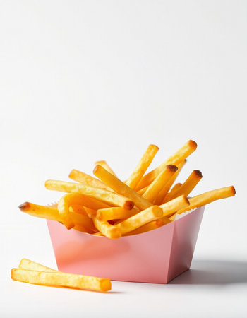 French fries in a pink box on a white background, fast foodの写真素材