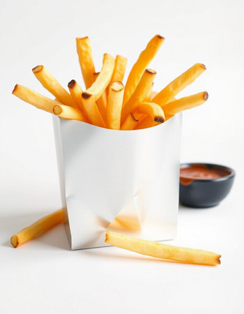 French fries in paper box on white background. Selective focus.