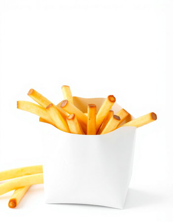 French fries in a white box on a white background. Isolated