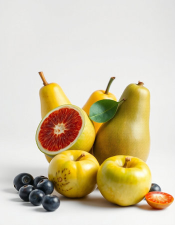 Fruits on a white background. Pears, pears, apples, blueberries.の写真素材