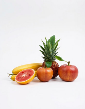 Fruits on a white background. Banana, pineapple, grapefruitの写真素材