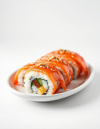Sushi roll with salmon, cheese and cucumber on white background