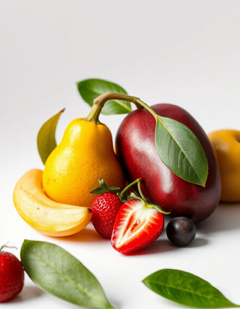 Fresh fruits on a white background. Fruits with green leaves.