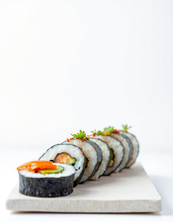 Sushi roll with salmon, cucumber, nori and cream cheese on white background