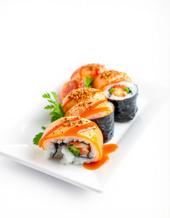 Sushi rolls on a white plate, isolated on a white backgroundの写真素材