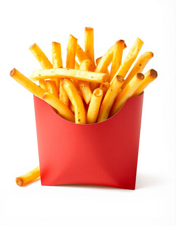 French fries in a red box isolated on white background. Selective focus.