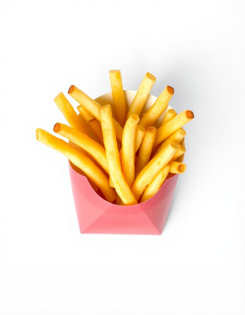 French fries in a red box on a white background, top view
