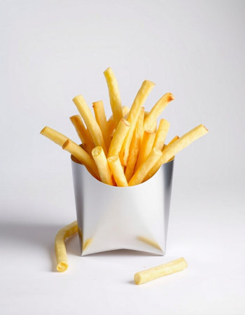 French fries in a white box on a white background. Fast food.の写真素材