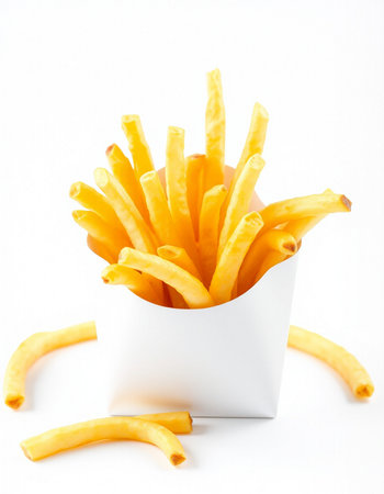 French fries in a white box on a white background. Selective focus.